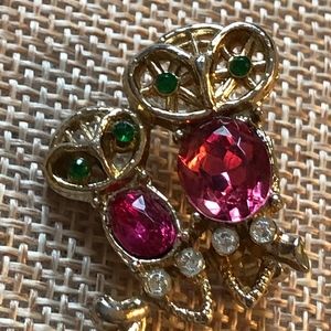 Vintage Owl Pin Brooch Gold Tone Pink Green Eyes